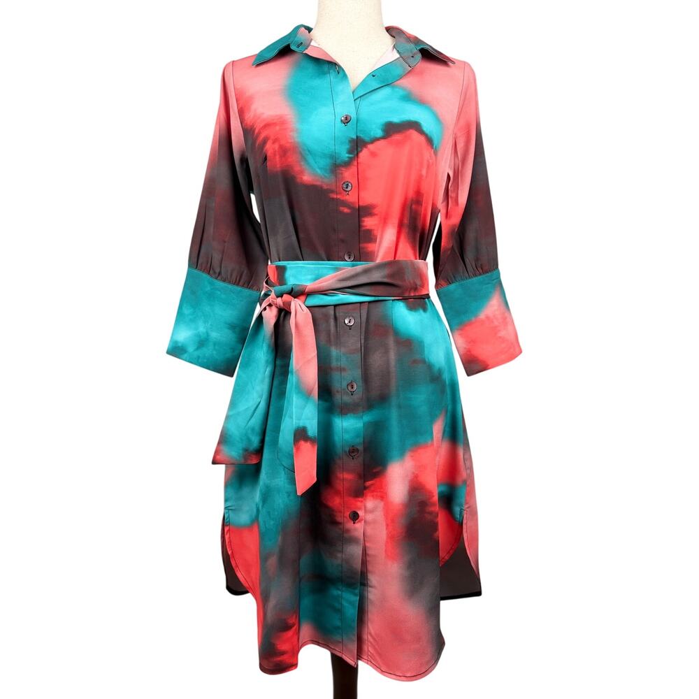eShakti Tie Dye Shirt Dress Belted Pink Teal Button Front Size M